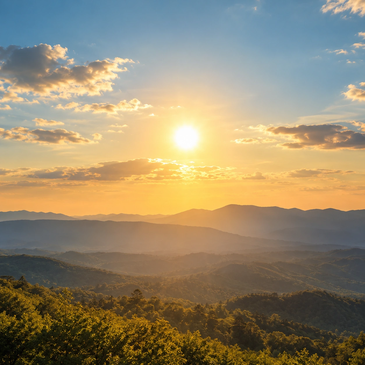 The sun above distant hills in a natural sky