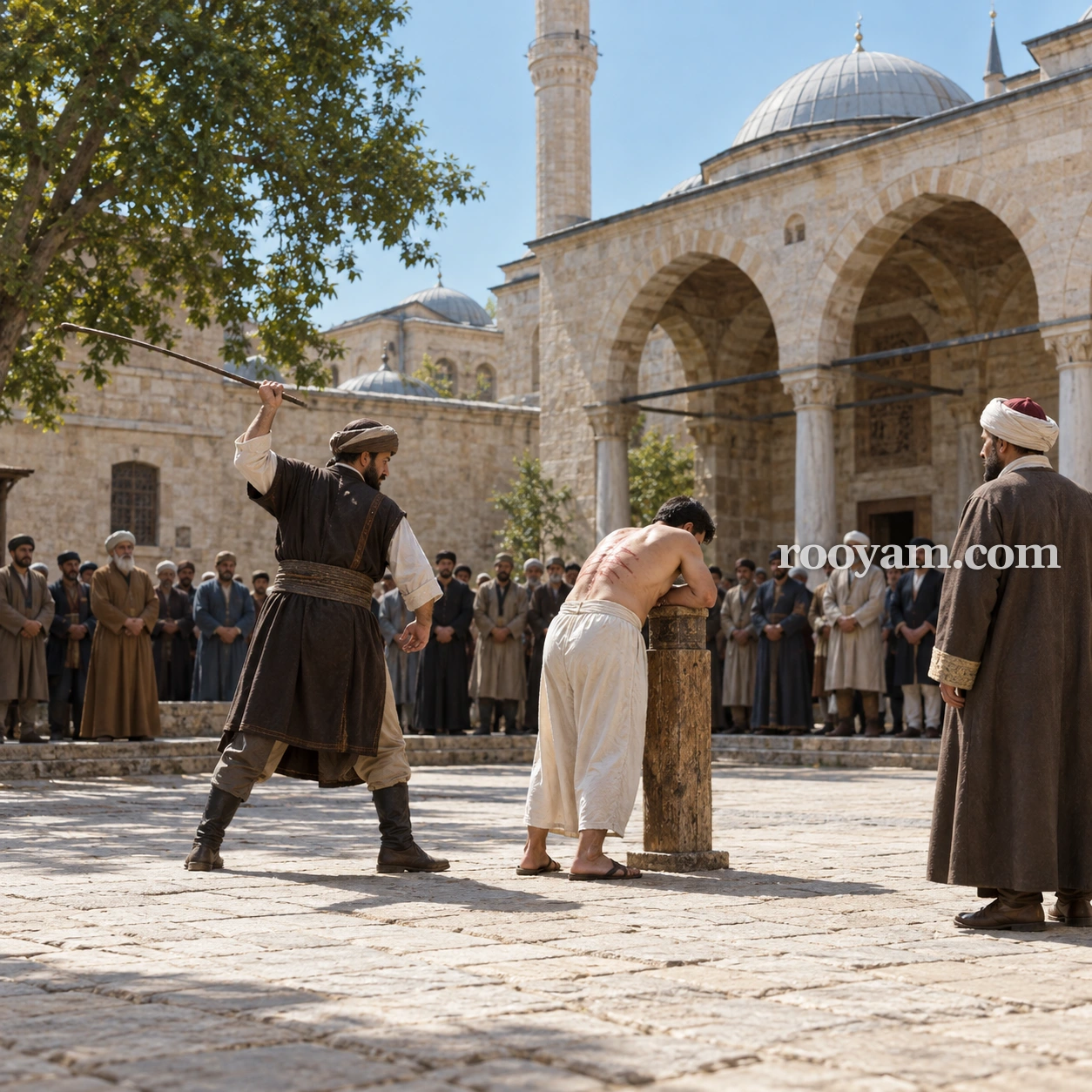 Rüyada Had cezası: bir avluda, kalabalık izlerken bir adam başka bir adama kırbaç kaldırıyor.