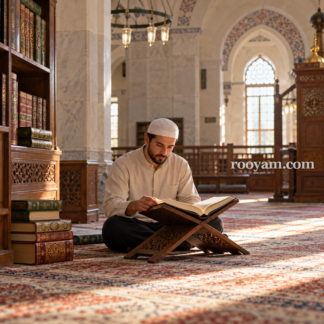 Rüyada Hadis-i nebevî: bir adam camide halının üzerinde oturmuş, ahşap rahledeki açık kitabı okuyor.