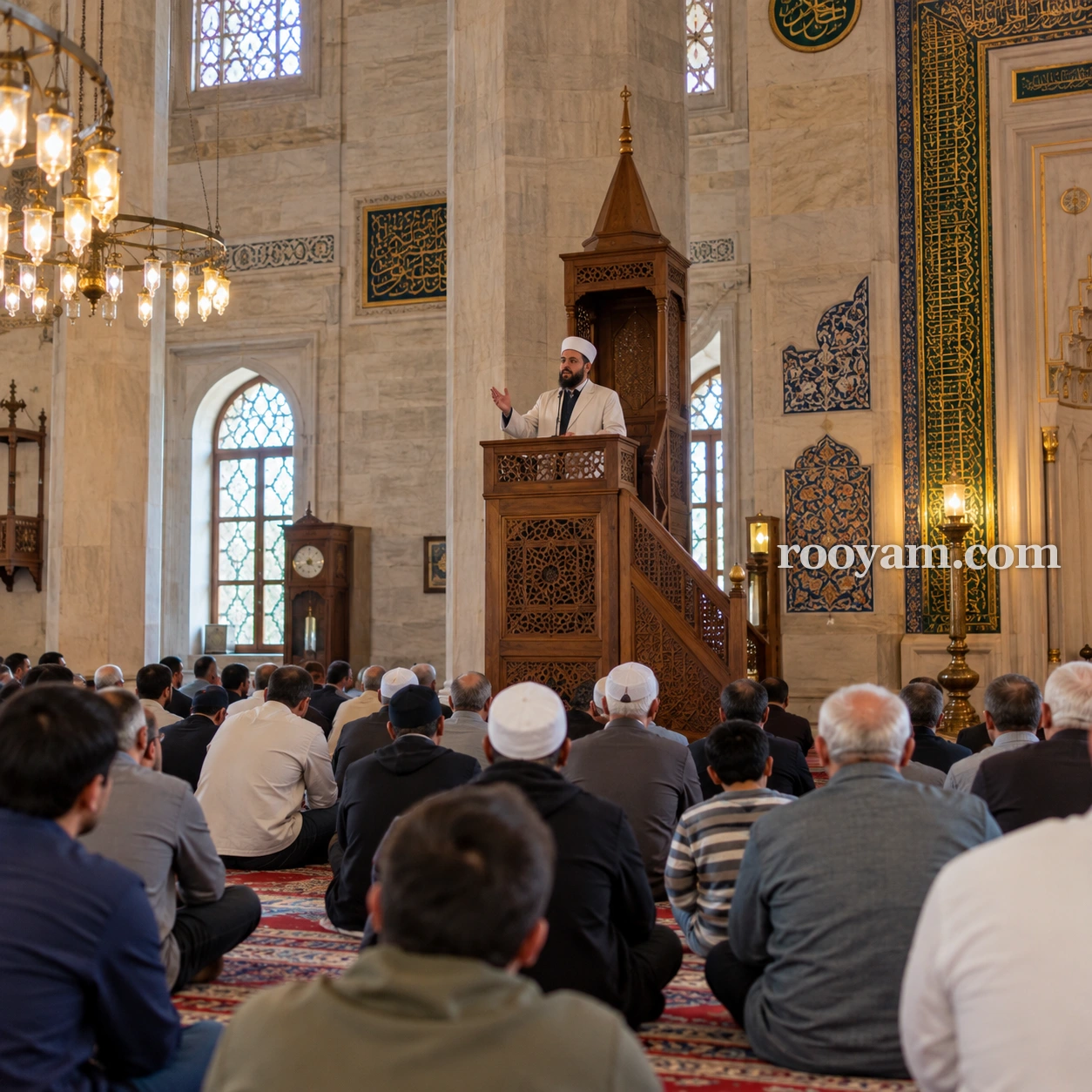 خطبة في المنام: يلقي إمام خطبة من منبر خشبي أمام رجال جالسين داخل مسجد.