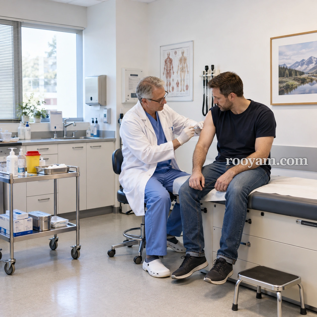 Rüyada İğneci: erkek bir doktor, klinikte oturan bir adamın üst koluna iğne yapıyor.