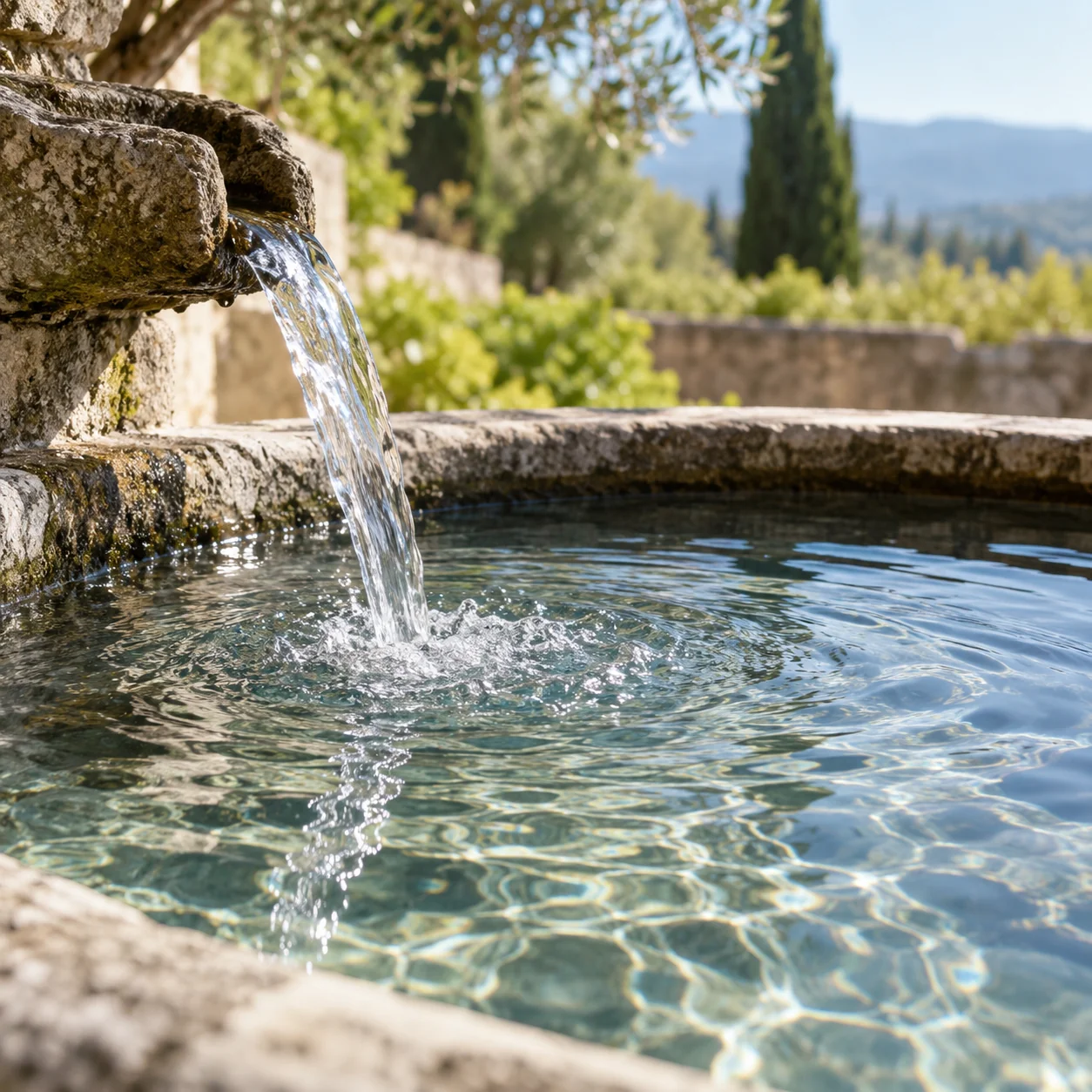 Clear water flowing into a stone basin in natural daylight