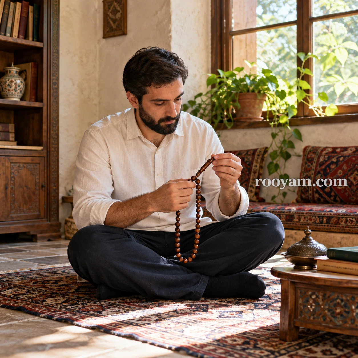 Rüyada İmame: bir adam halının üzerinde bağdaş kurmuş, elinde ahşap tespih tutuyor.