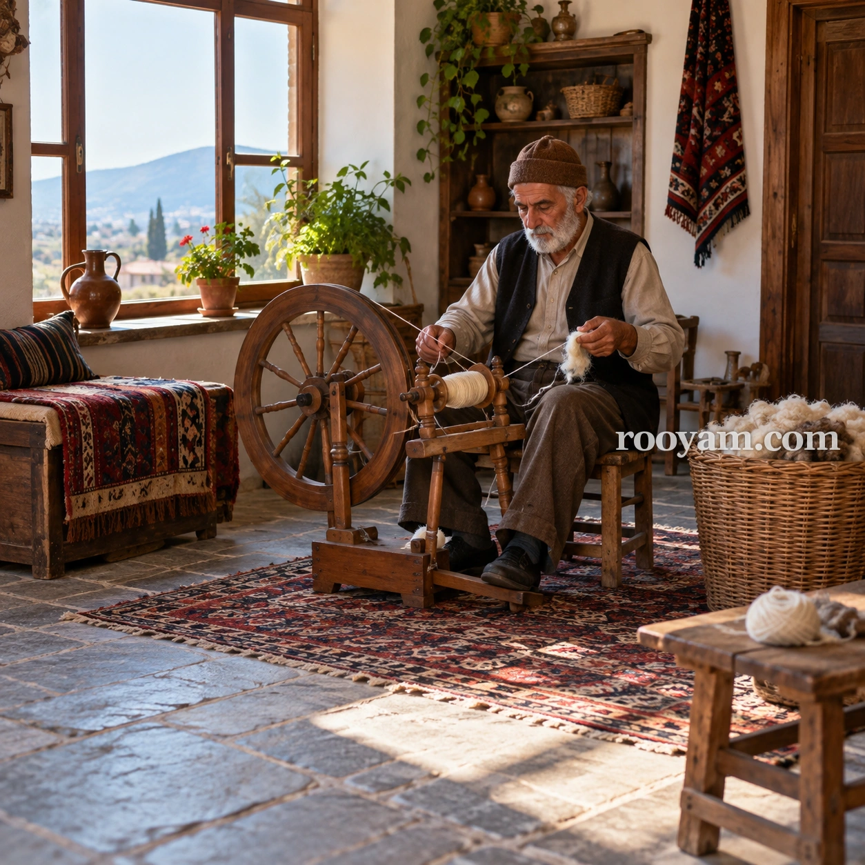 غازل الخيوط في المنام: رجل مسن يغزل الصوف إلى خيوط باستخدام عجلة غزل خشبية داخل غرفة مفروشة.