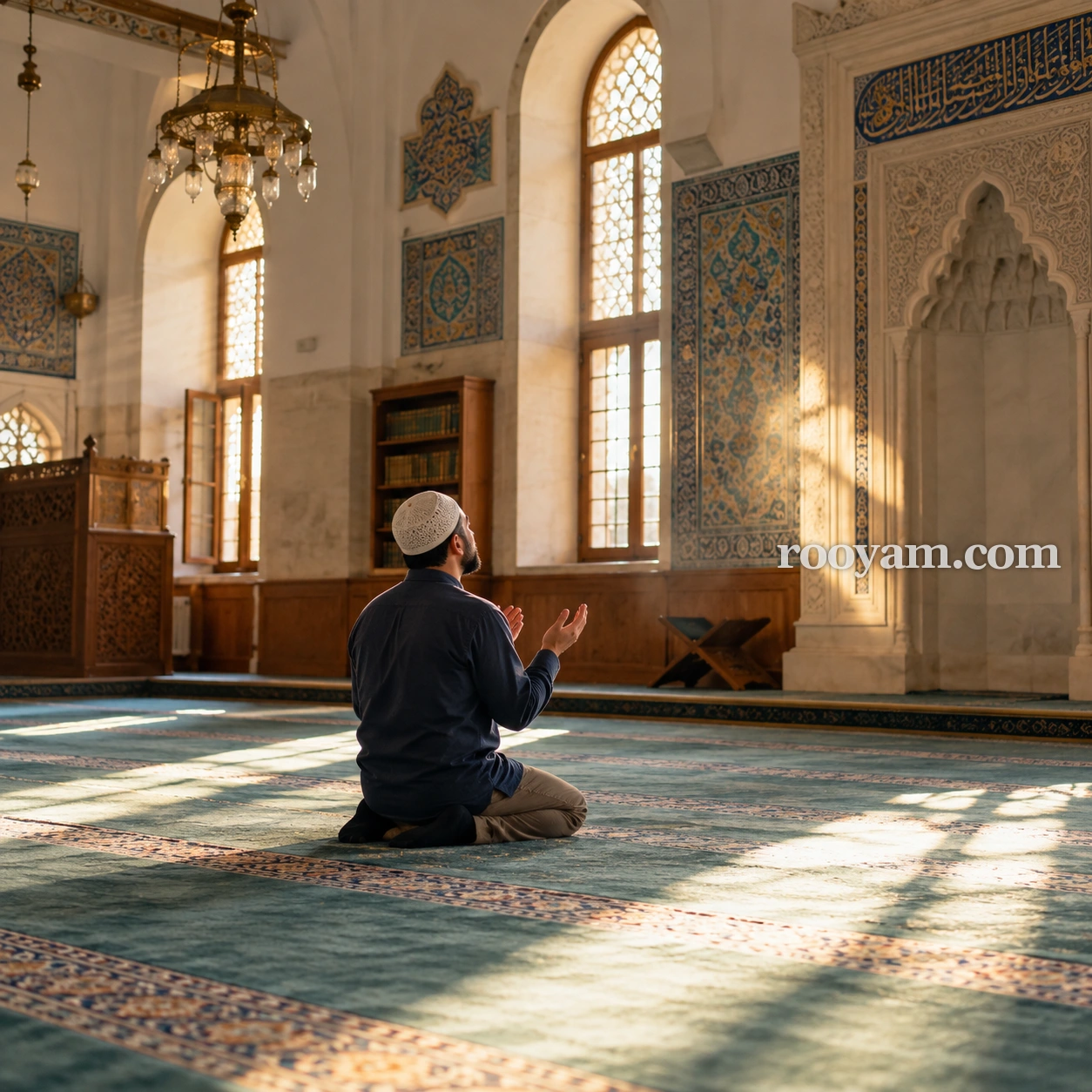 استغفار في المنام: رجل يجثو على ركبتيه رافعًا يديه على سجادة مسجد تحت نوافذ مزخرفة.