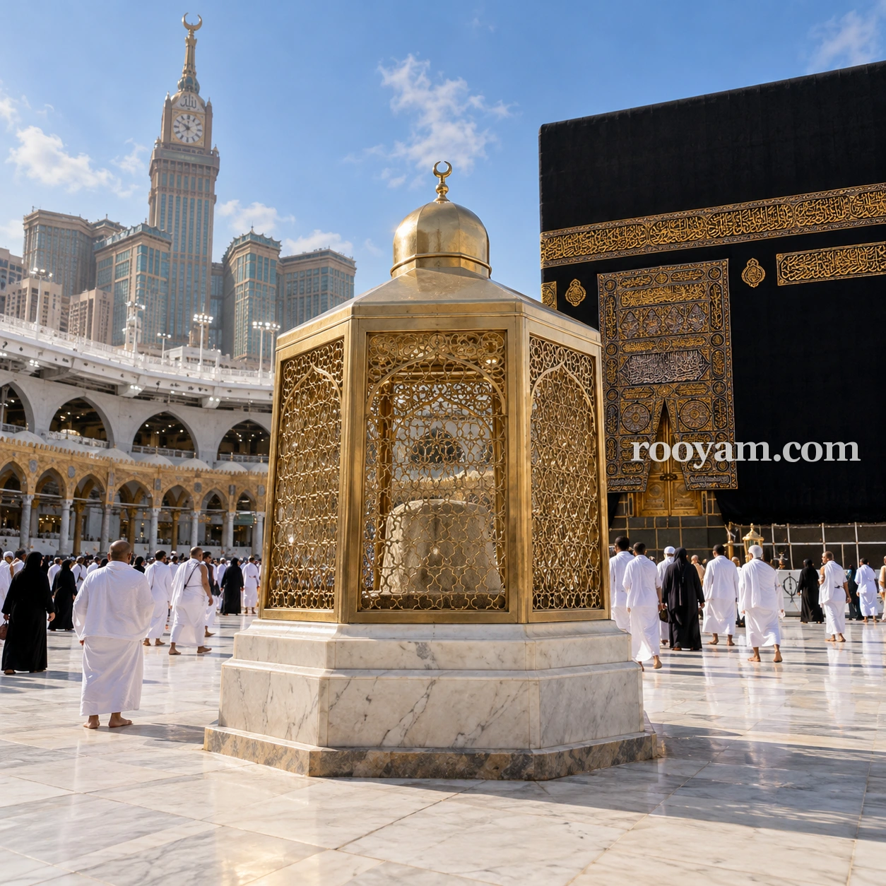 مقام إبراهيم في المنام: يقف مقام إبراهيم الذهبي بجوار الكعبة، ويحيط به الحجاج في ساحة المسجد.