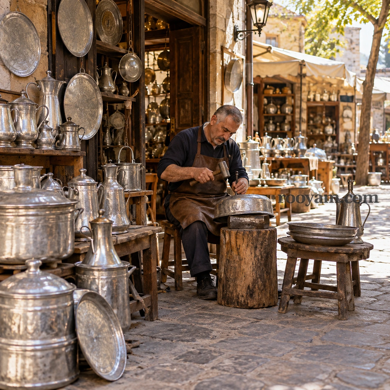 Rüyada Kalay: yaşlı bir adam, parlak tencere ve tepsilerin arasında metal bir kaseyi çekiçliyor.