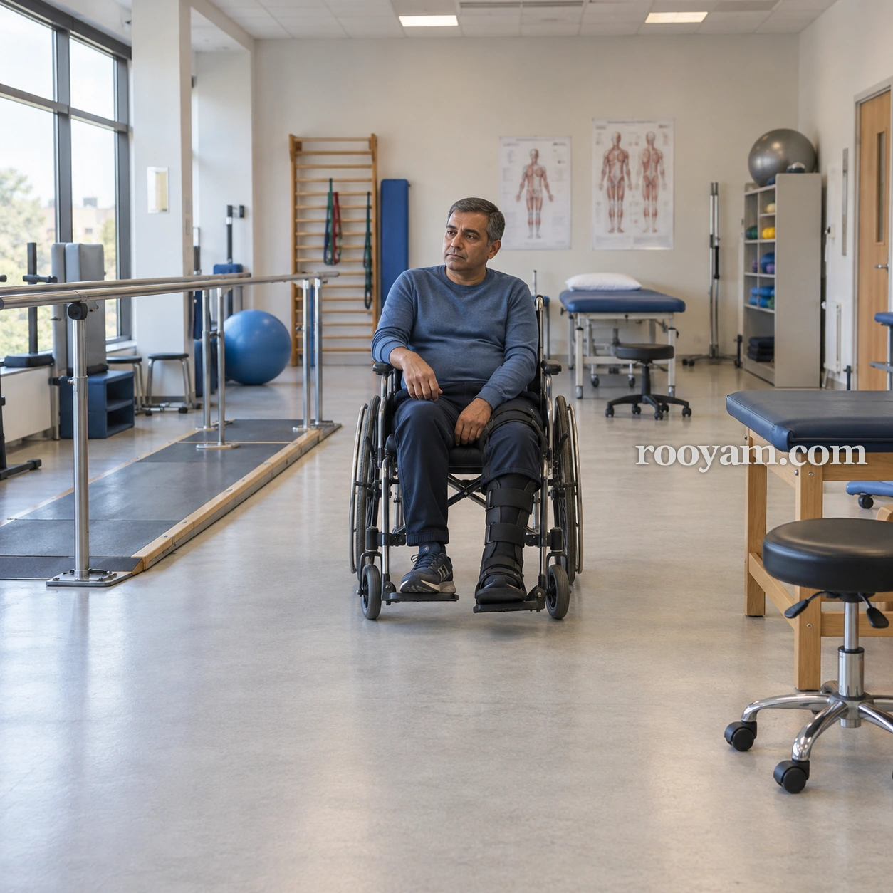 Rüyada Felç: bir adam, rehabilitasyon kliniğinde bacağında destekleyici bir ortezle tekerlekli sandalyede oturuyor.