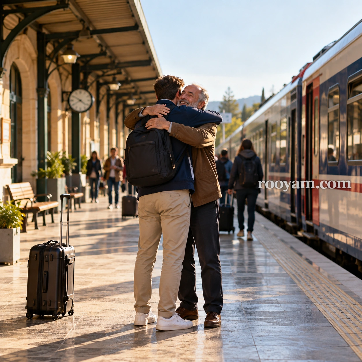 Rüyada Kavuşmak: iki adam, tren ve valizlerin yanında istasyon peronunda kucaklaşıyor.