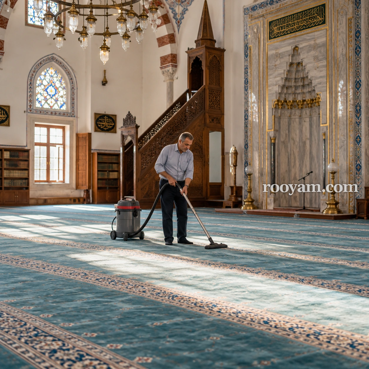 Rüyada Kayyum: bir adam, süslü duvarları ve asılı lambaları olan camide mavi halıyı süpürüyor.
