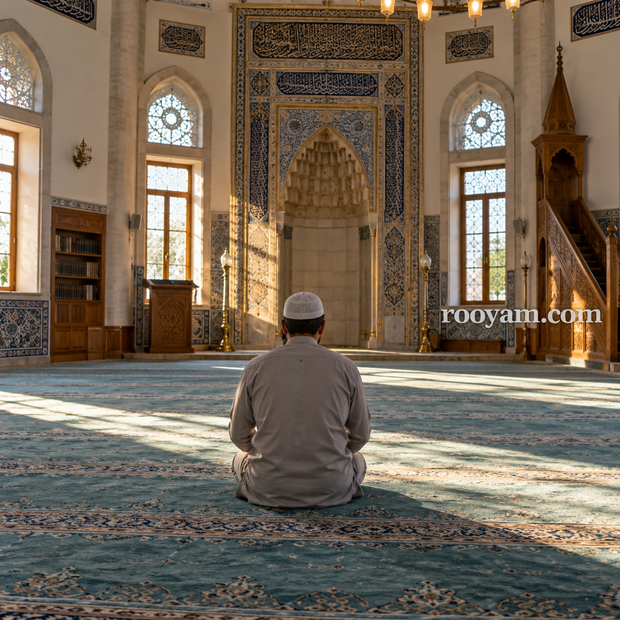 Rüyada Kıble: bir adam, mavi halılar ve süslü çinilerle kaplı camide mihraba dönük oturuyor.