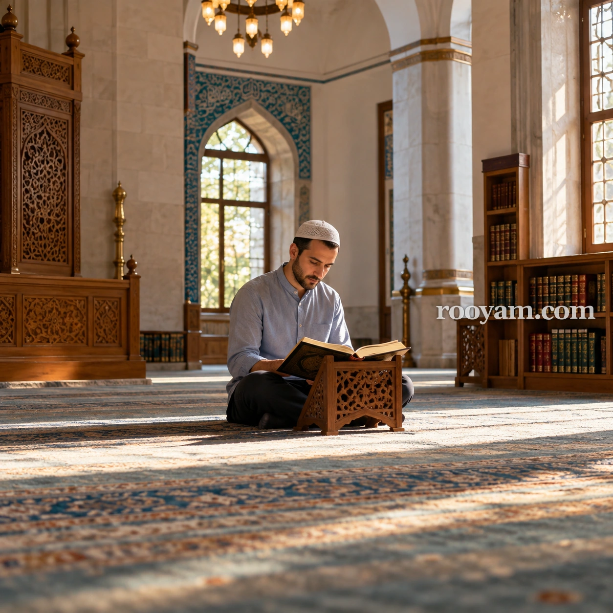Rüyada Kıraet-i Kur'ân: beyaz takke takan bir adam, camide ahşap rahle üzerindeki Kur'an'ı okuyor.