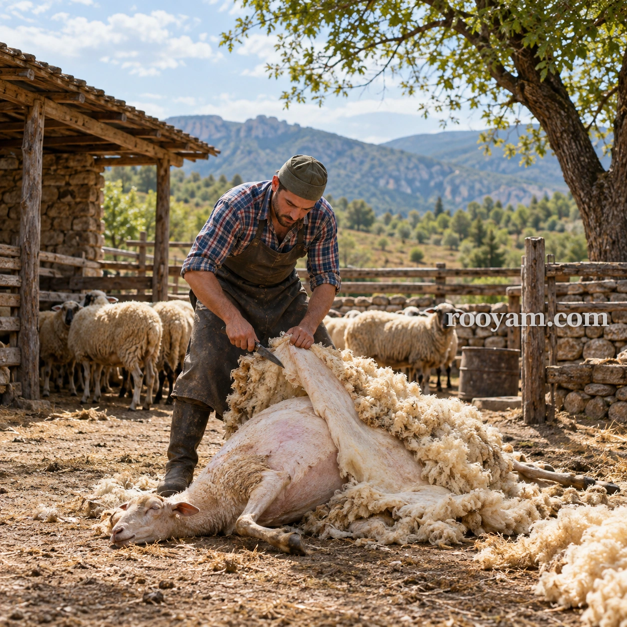 سالخ الغنم في المنام: رجل يزيل الصوف عن خروف مستلقٍ على الأرض، وخلفه خراف أخرى.