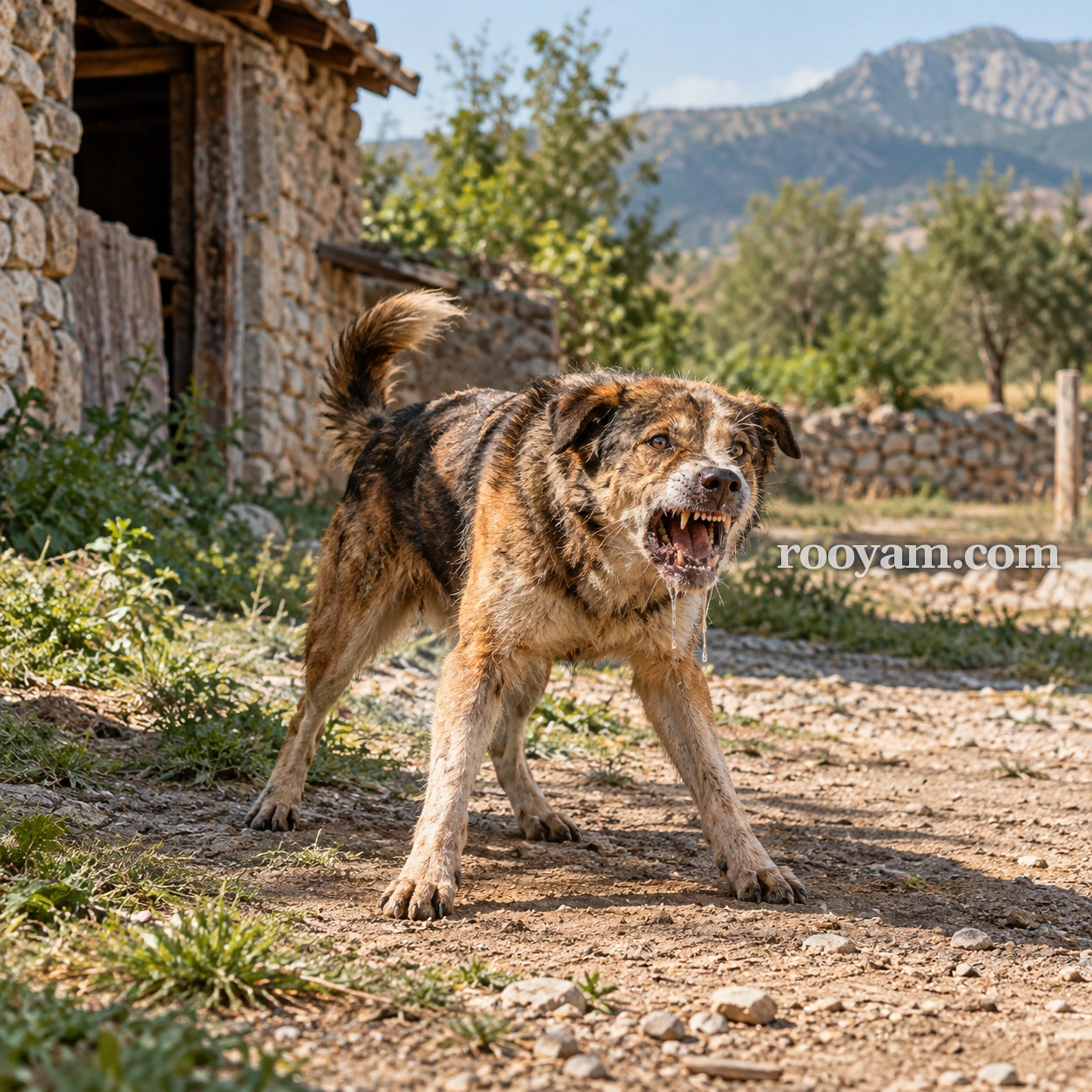 Rüyada Kuduz hayvan: kahverengi bir köpek, taş binanın yanındaki taşlı yolda dişlerini göstererek hırlıyor ve ağzından salyalar akıyor.