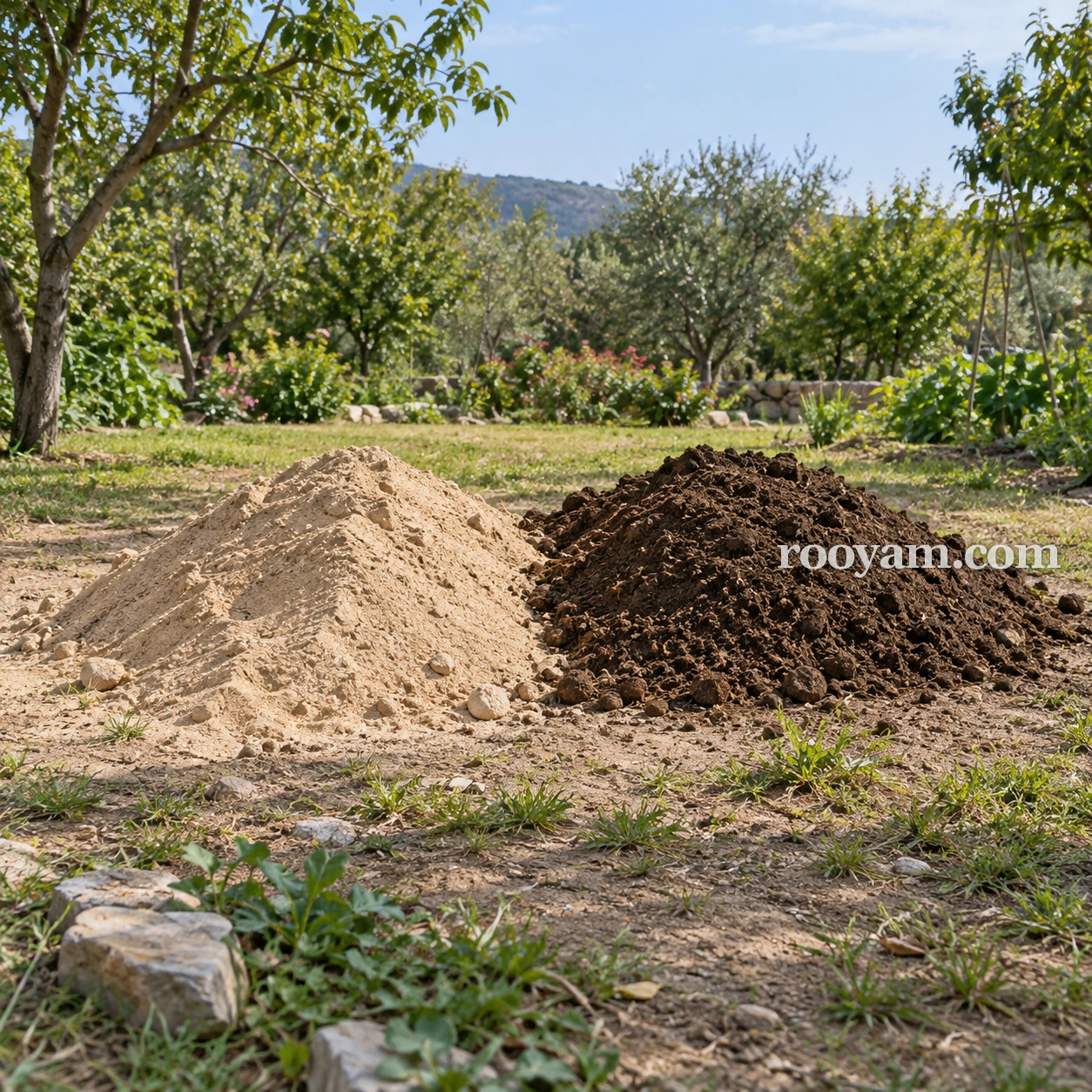 Rüyada Kum ve toprak: bir bahçede açık renkli kum ve koyu renkli toprak yığınları yan yana duruyor.