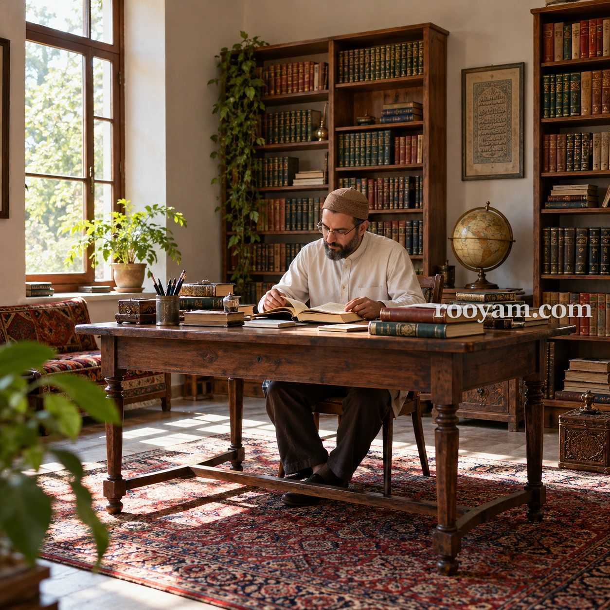 عالم في المنام: رجل ملتحٍ يرتدي نظارة يقرأ كتابًا على مكتب خشبي تحيط به رفوف الكتب.