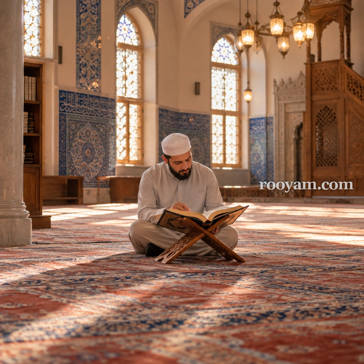 Rüyada Kurân-ı Kerim veya diğer şeyler okumak: bir adam camide halının üzerinde oturmuş, ahşap rahlede açık duran Kur'an-ı Kerim'i okuyor.