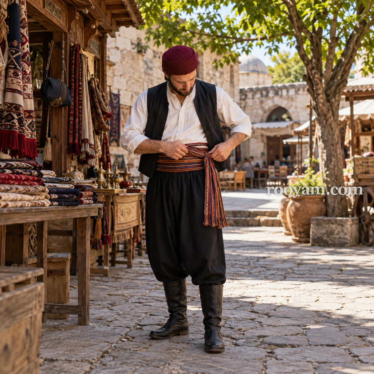 Rüyada Kuşak: bir adam açık hava pazarında beline çizgili dokuma bir kuşak bağlıyor.