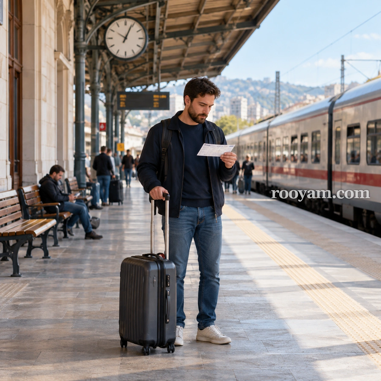 Rüyada Bilet: bir adam tren peronunda bavulunun yanında durup elinde bilet tutuyor.