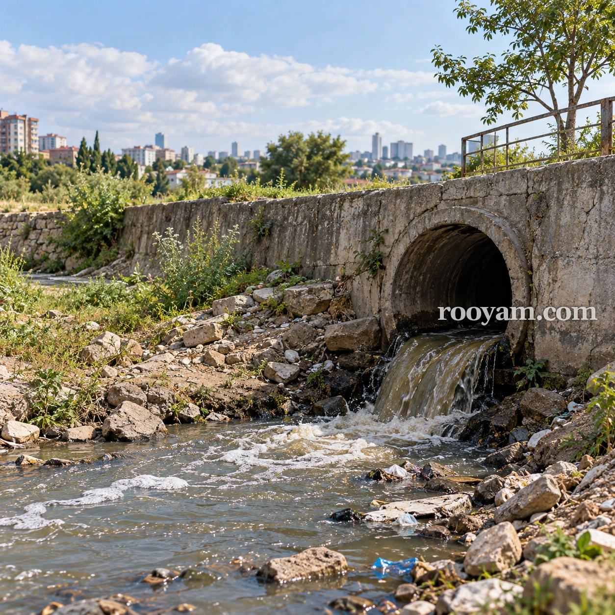 مجاري في المنام: تتدفق مياه بنية من أنبوب صرف صحي خرساني إلى مجرى صخري، وتظهر مبانٍ في الخلفية.