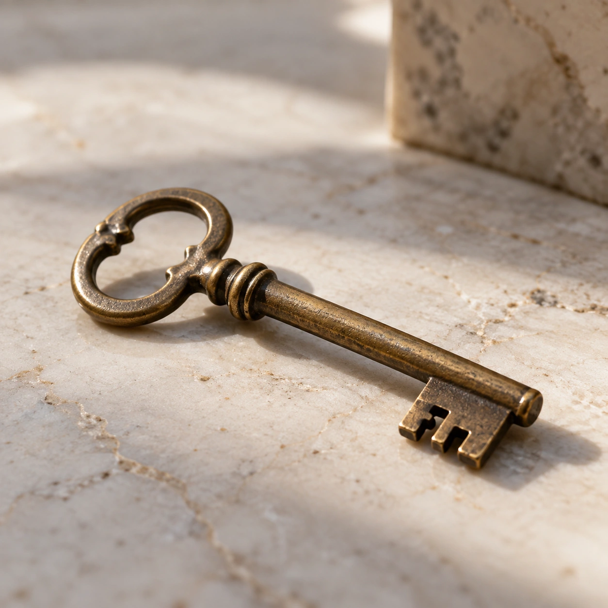 An antique brass key on a natural surface
