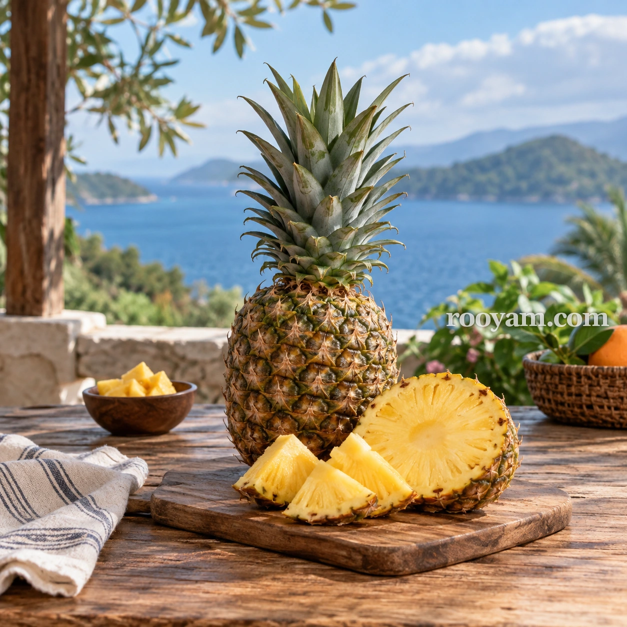 Rüyada Ananas: bütün bir ananas ve kesilmiş dilimleri, deniz manzaralı ahşap bir masanın üzerinde duruyor.