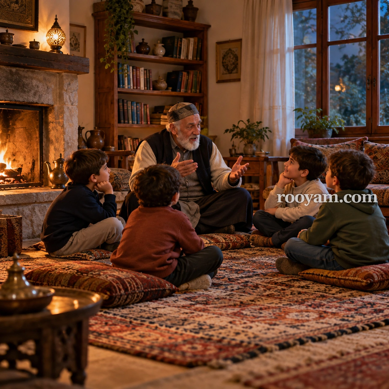 Rüyada Masal: yaşlı bir adam, şöminenin yanında etrafına oturmuş dört çocuğa masal anlatıyor.