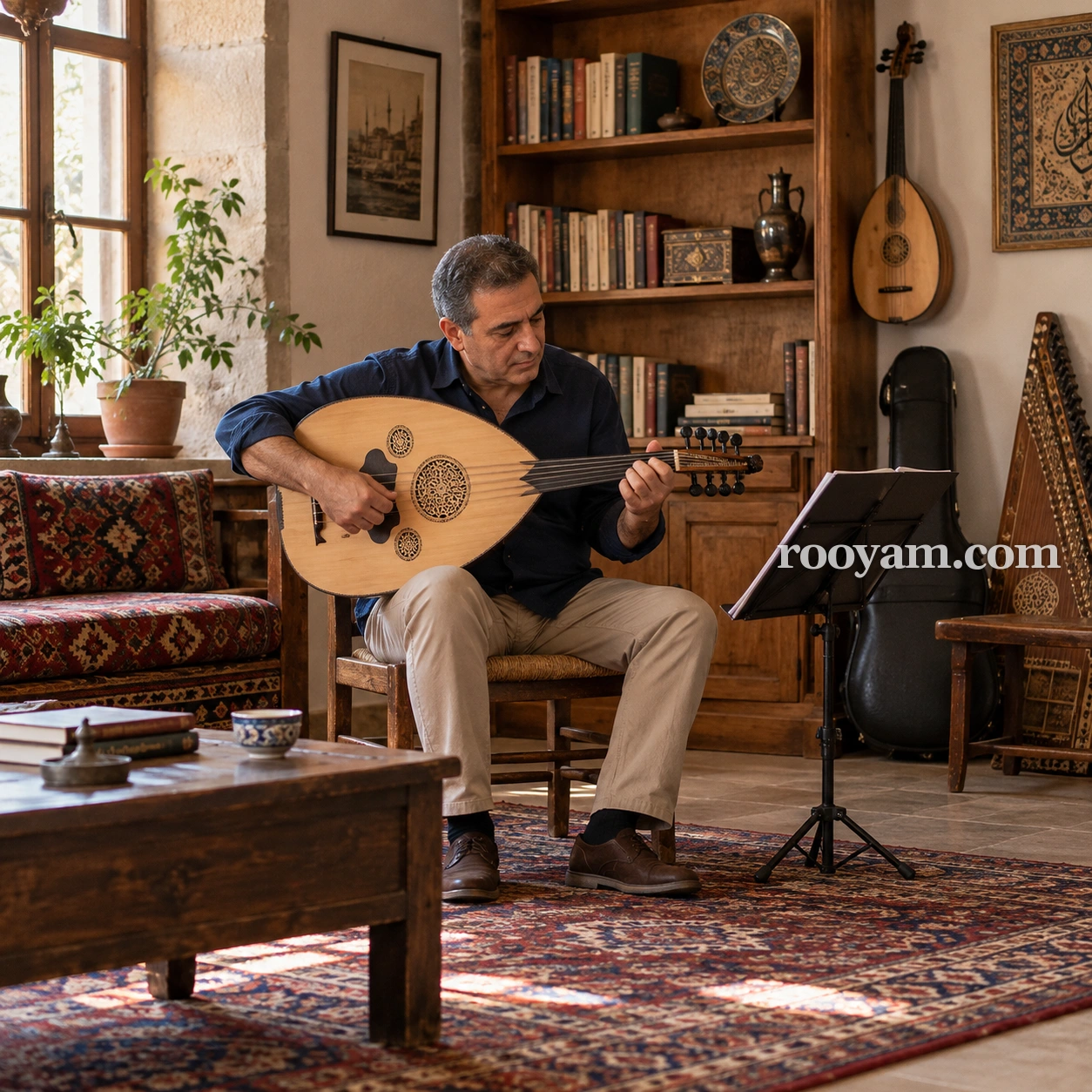 Rüyada Musiki: bir adam, kitapların ve müzik aletlerinin bulunduğu odada oturup ud çalıyor.