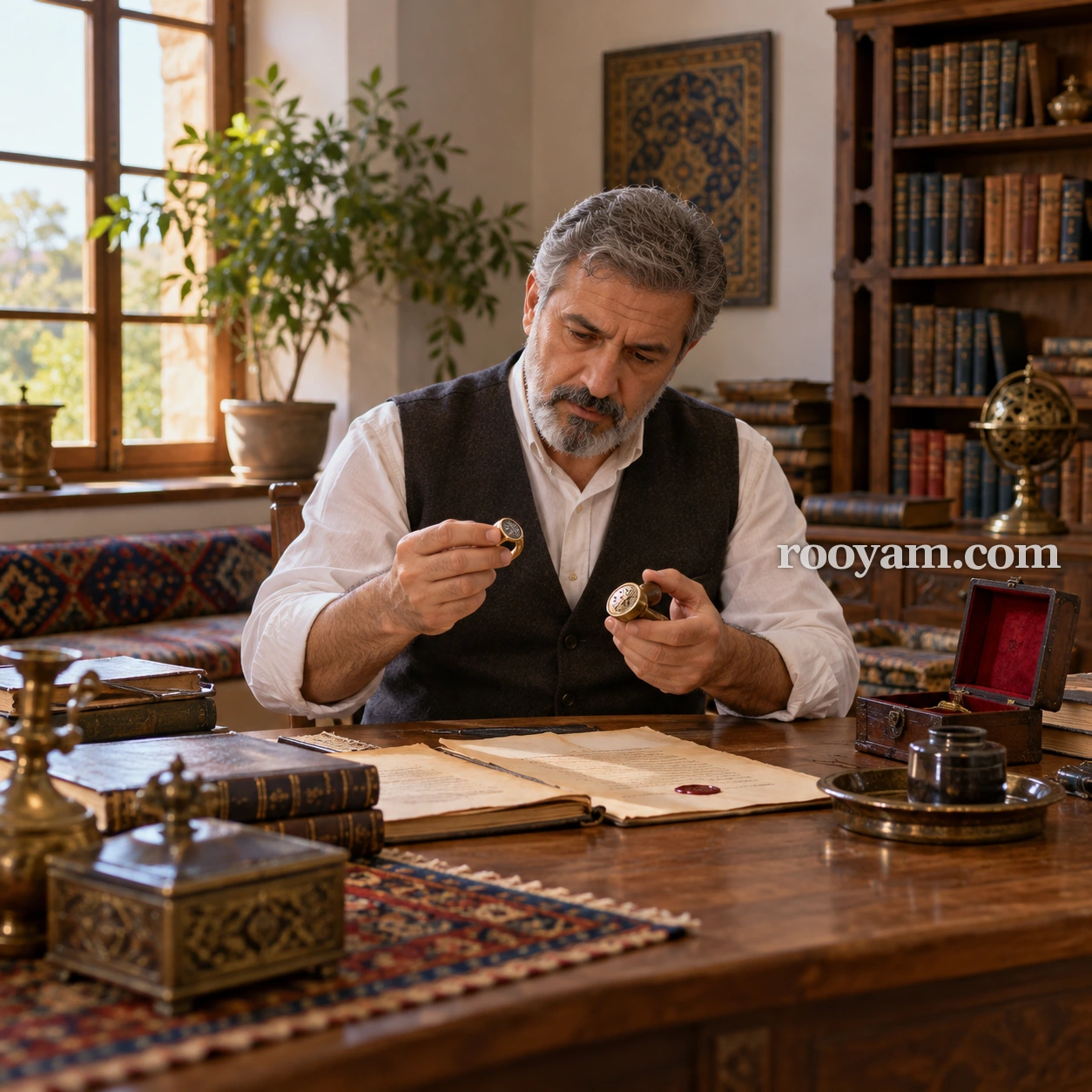 ختم وخاتم في المنام: رجل أشيب الشعر يتفحص خاتماً منقوشاً وختمًا على مكتب مغطى بالوثائق.