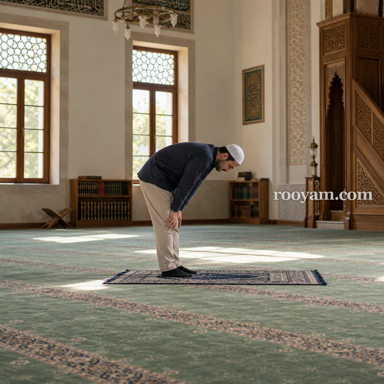Rüyada Namaz: bir adam camide seccade üzerinde ellerini dizlerine koyarak rükûya eğiliyor.