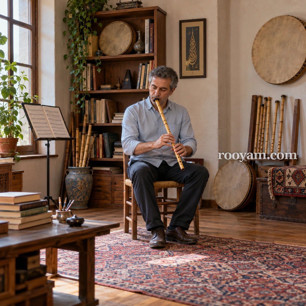 Rüyada Neyzen: oturan bir adam, kitaplar ve müzik aletleriyle dolu bir odada ney üflüyor.