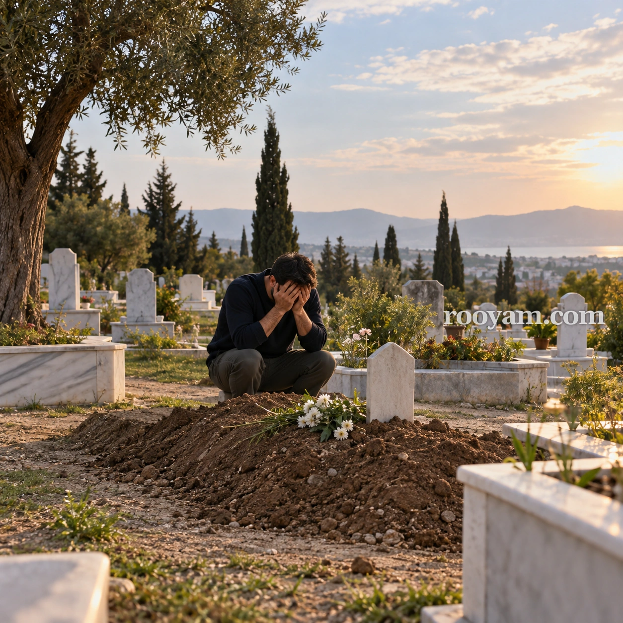 Rüyada Ölü üzerine ağlamak: bir adam mezarlıkta, üzerinde beyaz çiçekler bulunan yeni bir mezarın yanında yüzünü kapatıyor.