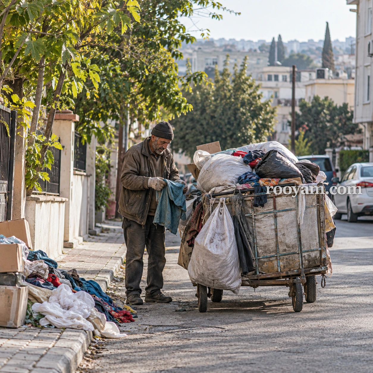 Rüyada Paçavracı: yaşlı bir adam, sokakta çuval ve paçavralarla dolu bir arabanın yanında kıyafetleri ayırıyor.