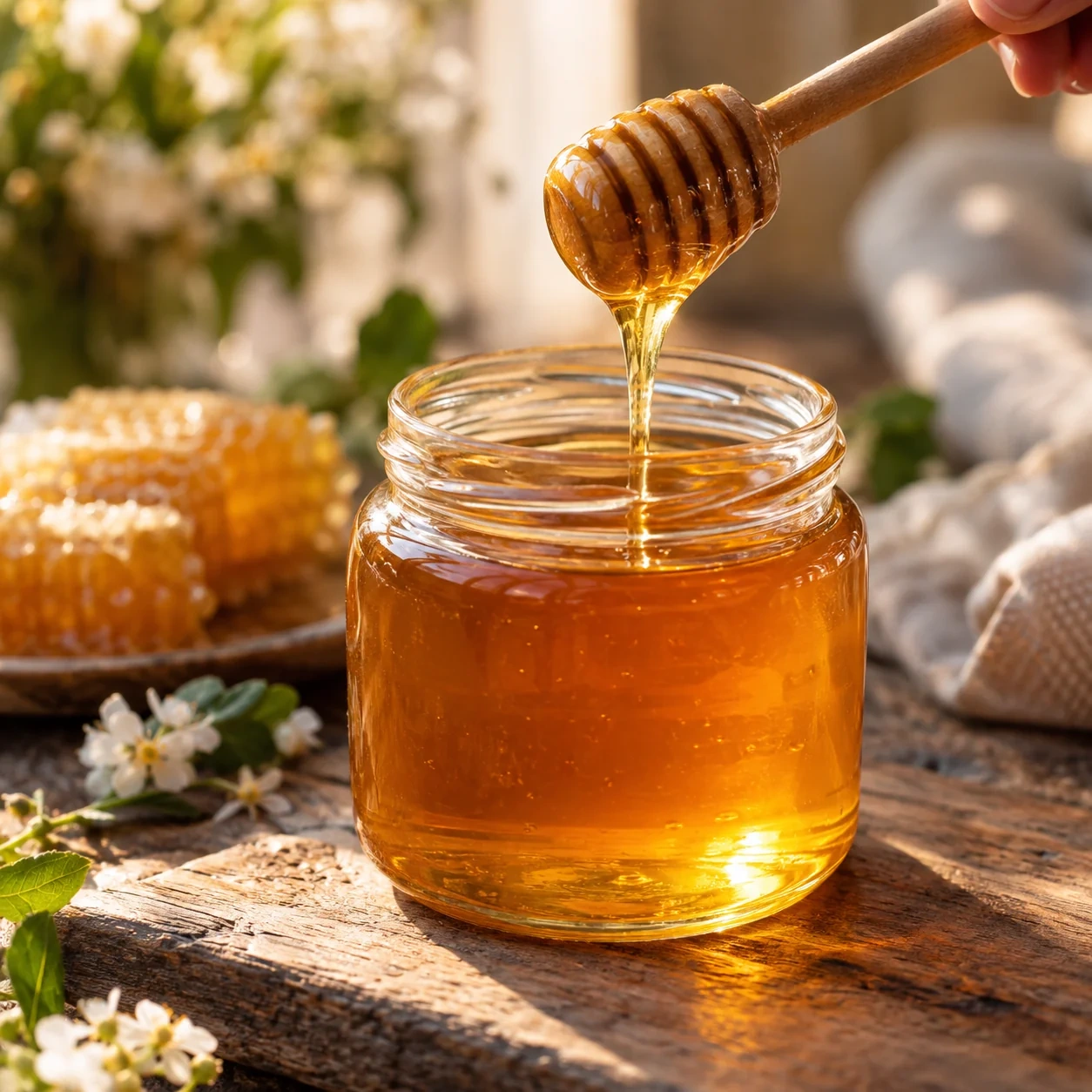 Golden honey dripping from a wooden dipper into a glass jar
