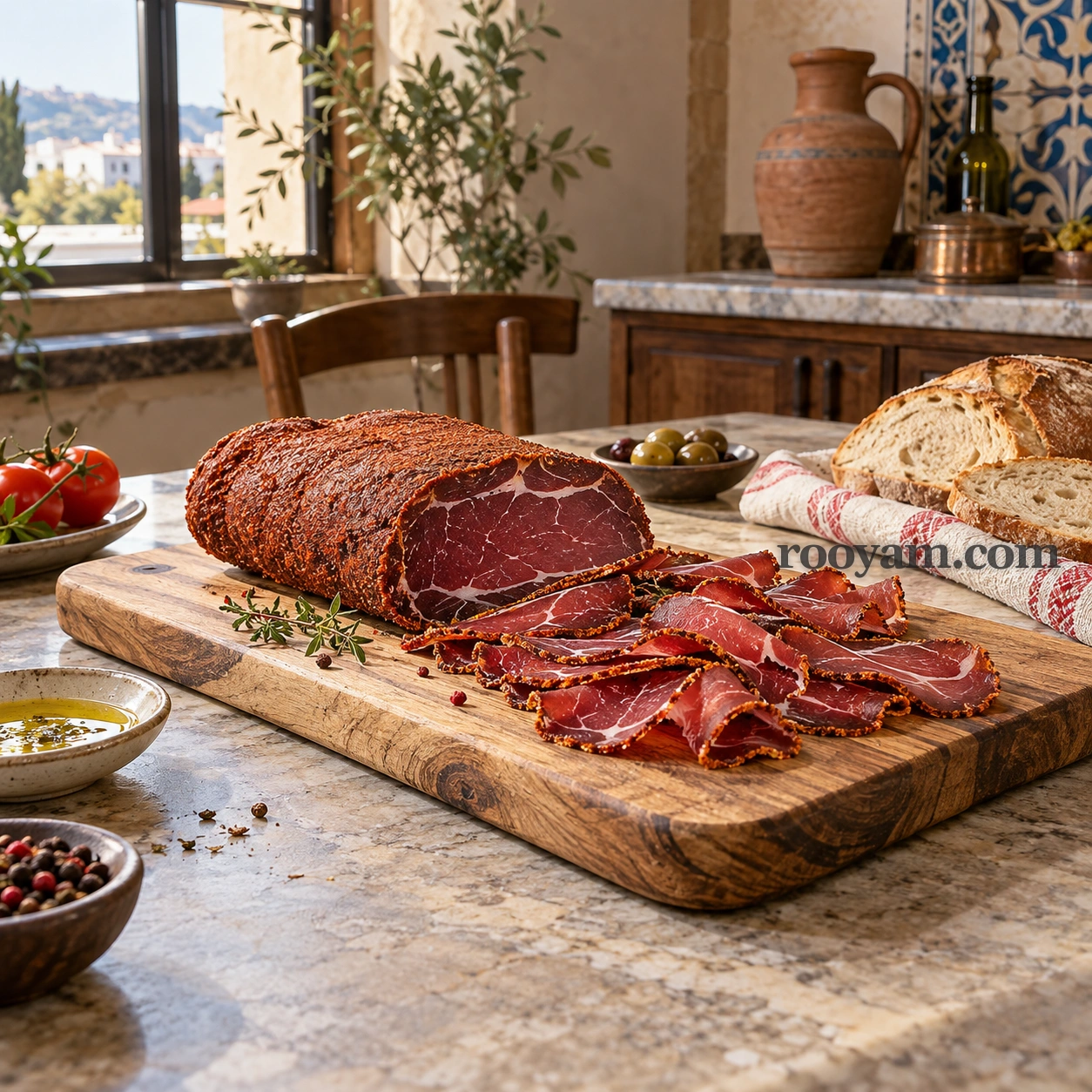 Rüyada Pastırma: ahşap tahta üzerinde dilimlenmiş pastırma, yanında ekmek, zeytin, domates ve baharatlar.