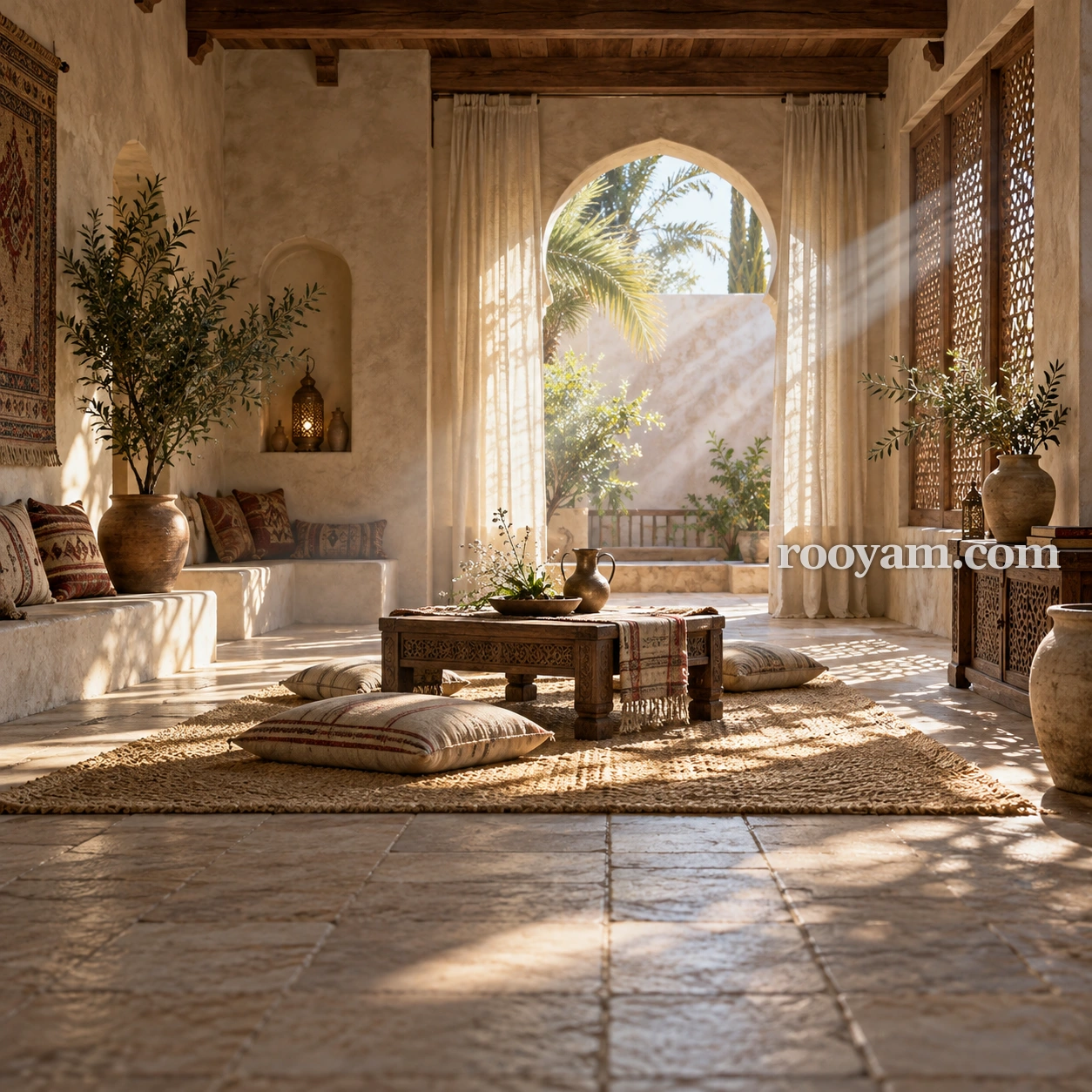 Wives of the Noble Prophet in a dream: sunlight enters a traditional room with cushions, a low wooden table, pottery, and plants.