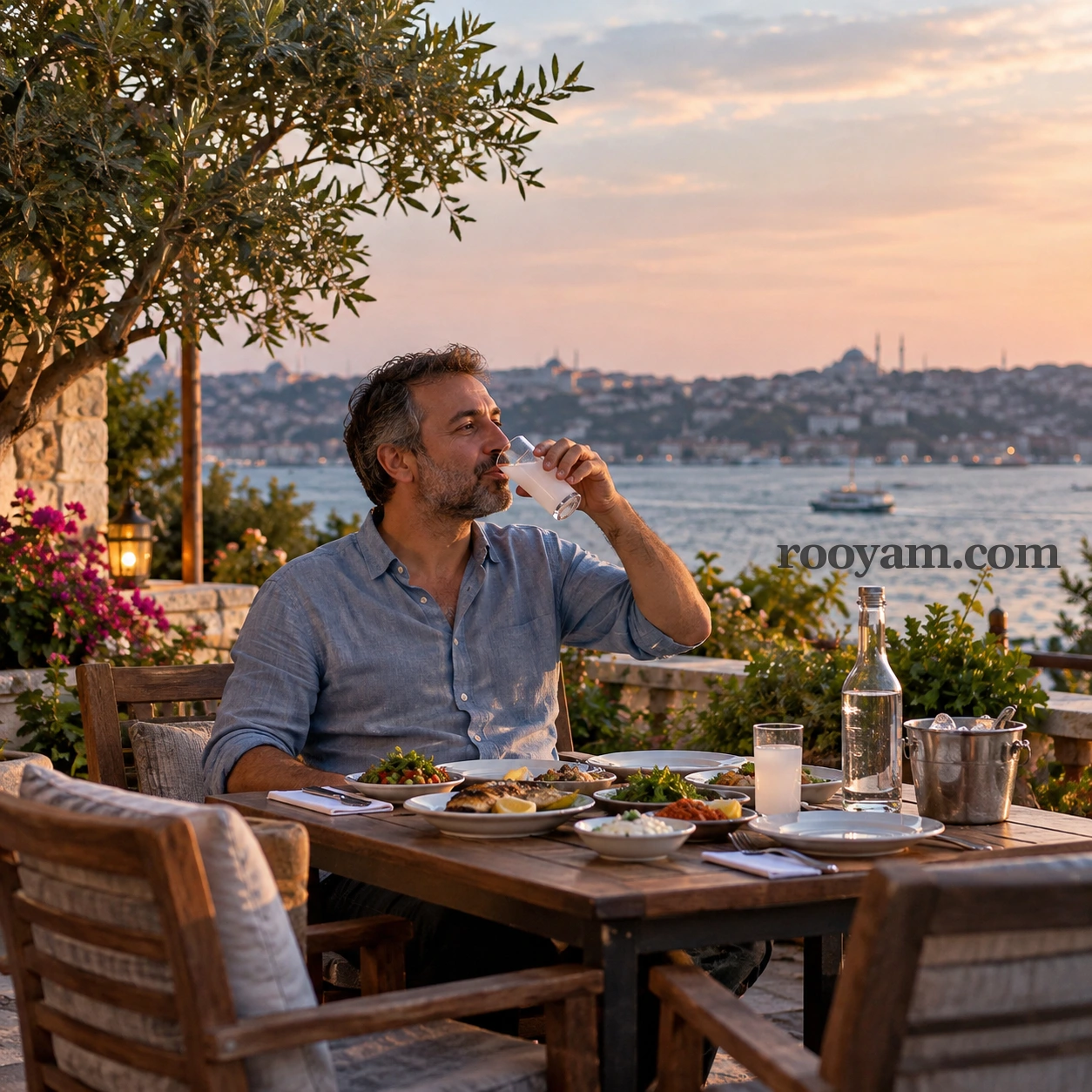 Rüyada Rakı: bir adam deniz kenarında balık, mezeler ve rakı şişesi bulunan masada rakı içiyor.