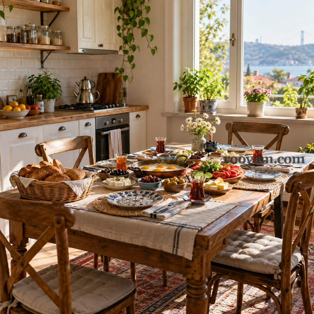 Rüyada Sabah kahvaltısı: aydınlık bir mutfakta ahşap kahvaltı masasında yumurta, ekmek, peynir, zeytin, sebzeler ve çay bulunuyor.