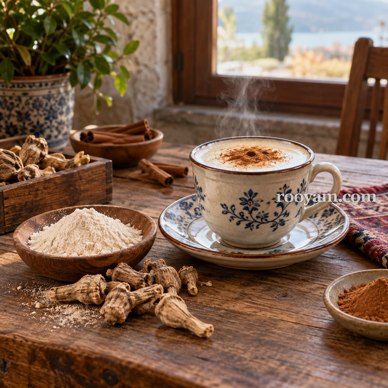 Rüyada Salep: üzerine tarçın serpilmiş, dumanı tüten bir fincan salep, ahşap masada toz, kurutulmuş kökler ve tarçın çubuklarıyla duruyor.