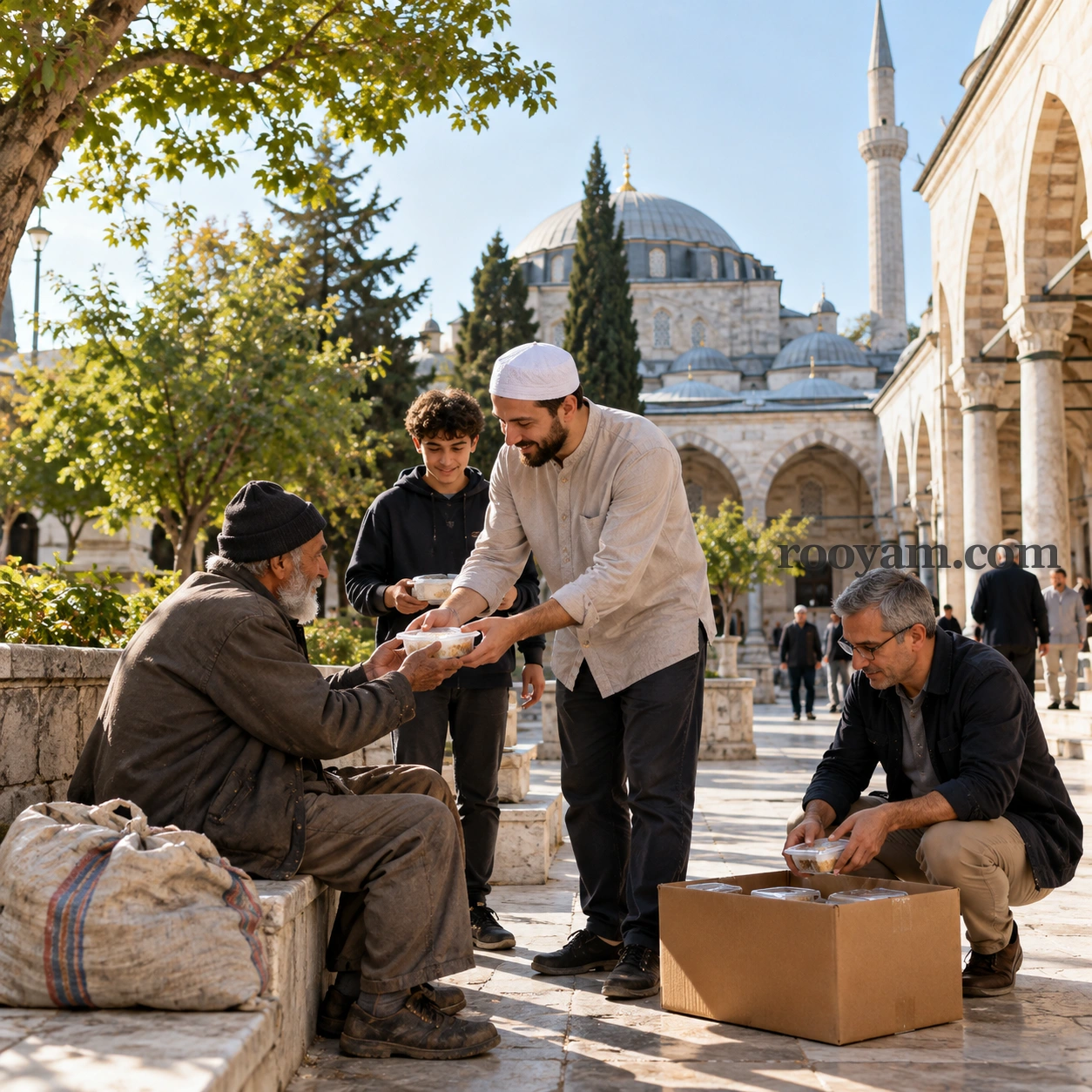 Rüyada Salih kimseler: bir adam cami avlusunda yaşlı bir adama yemek verirken diğerleri yardım ediyor.
