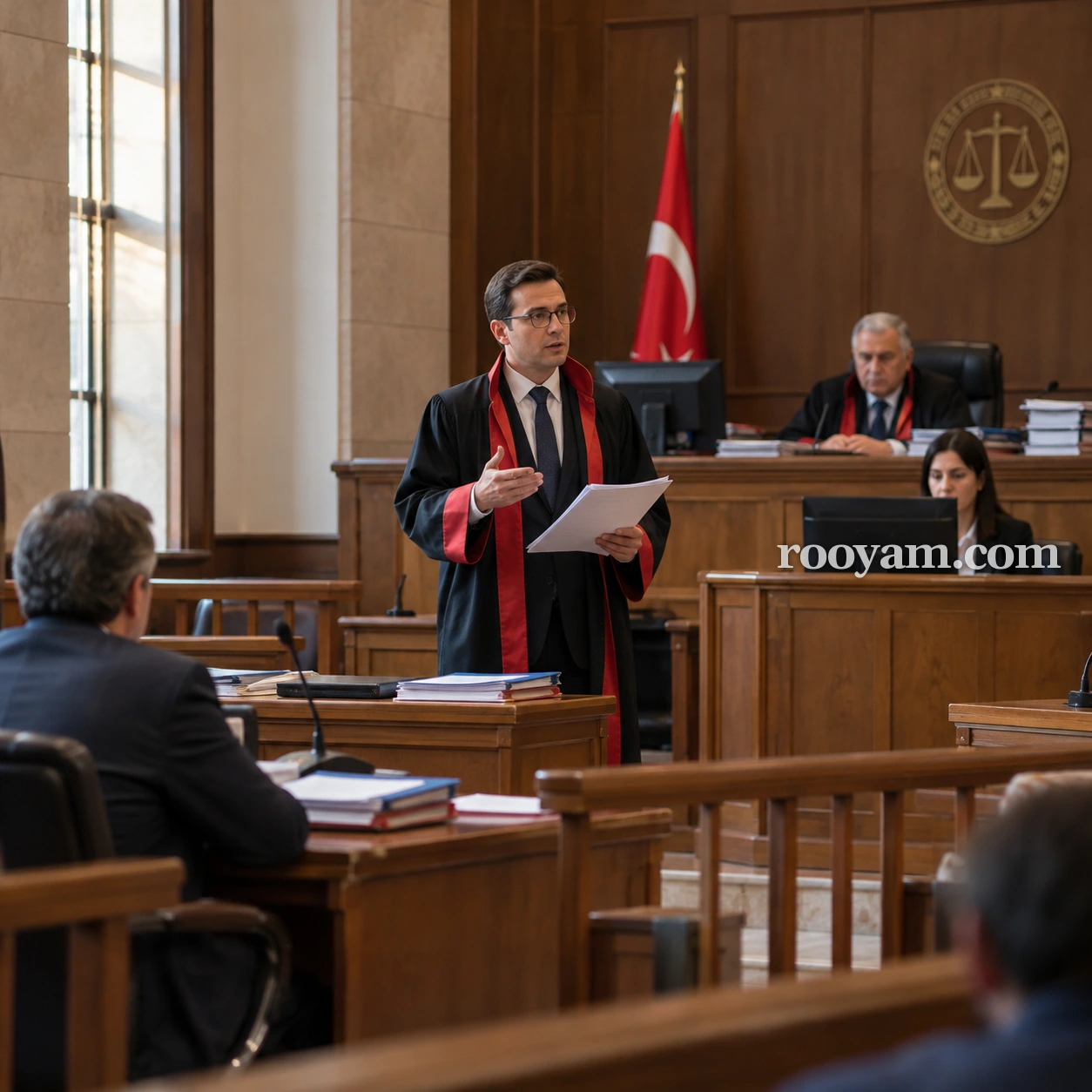 Rüyada Savcı: siyah cübbeli bir adam mahkeme salonunda belgeler tutarak konuşuyor.