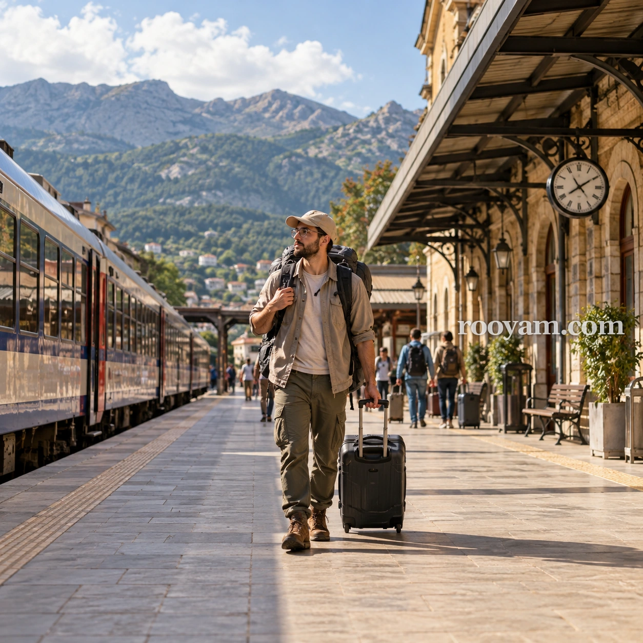 Rüyada Seyyah: sırt çantalı bir adam, arkasında dağlar bulunan tren peronunda valizini çekiyor.