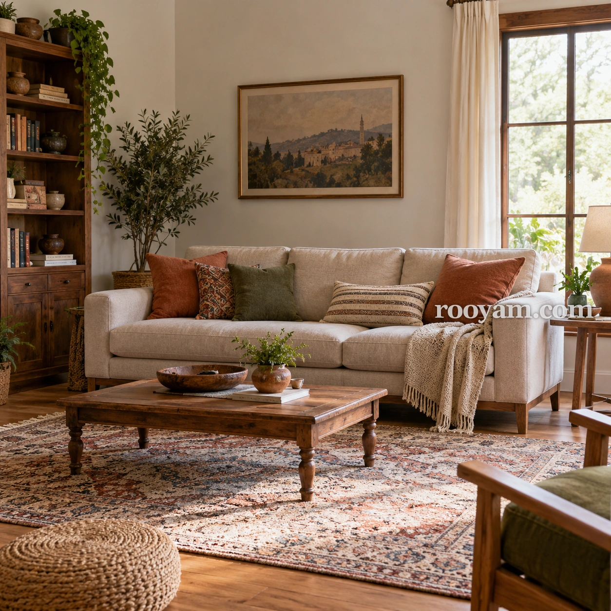 Rüyada Sofa: renkli yastıklarla süslenmiş bej bir kanepe, oturma odasında ahşap bir sehpanın arkasında duruyor.