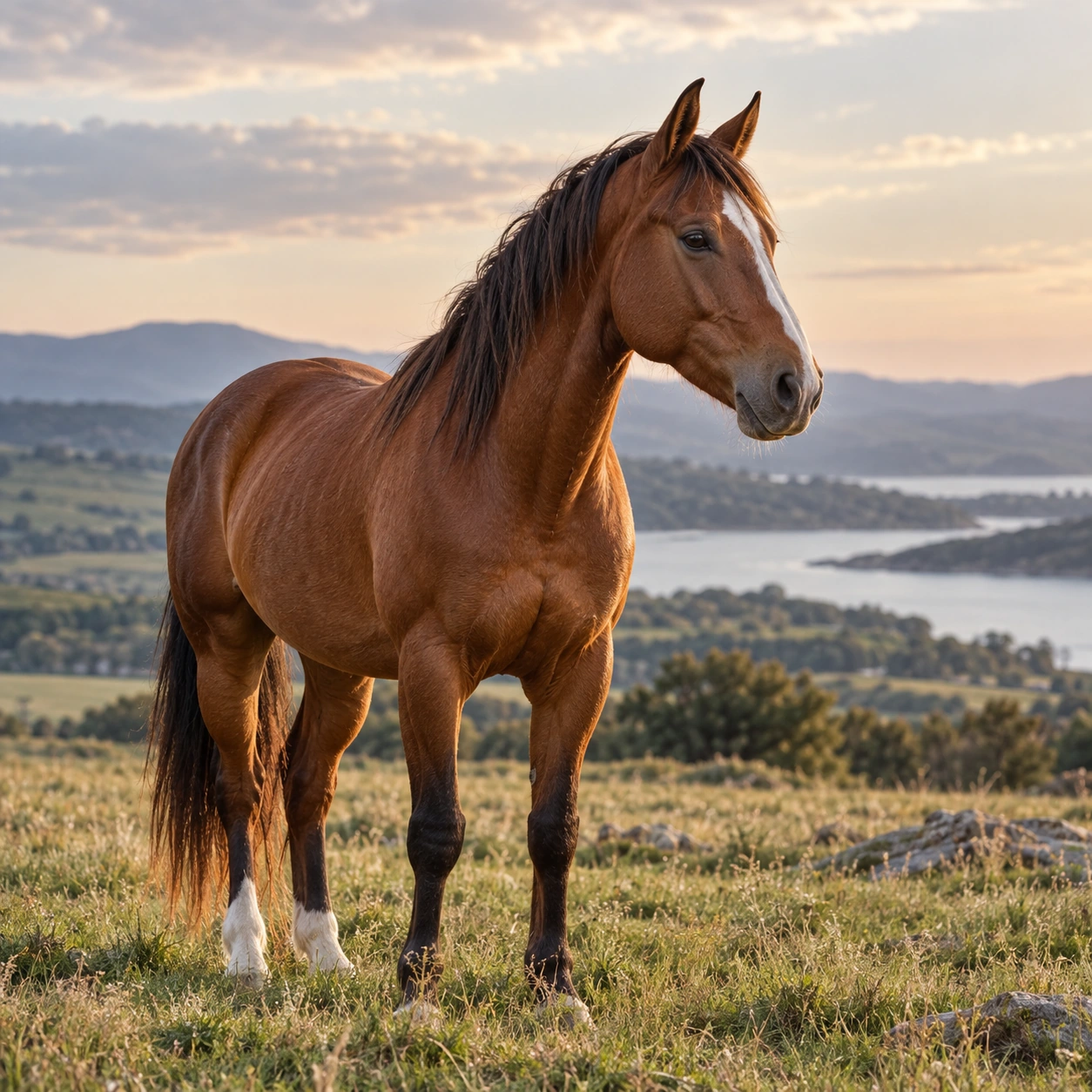 A brown horse standing in a natural field