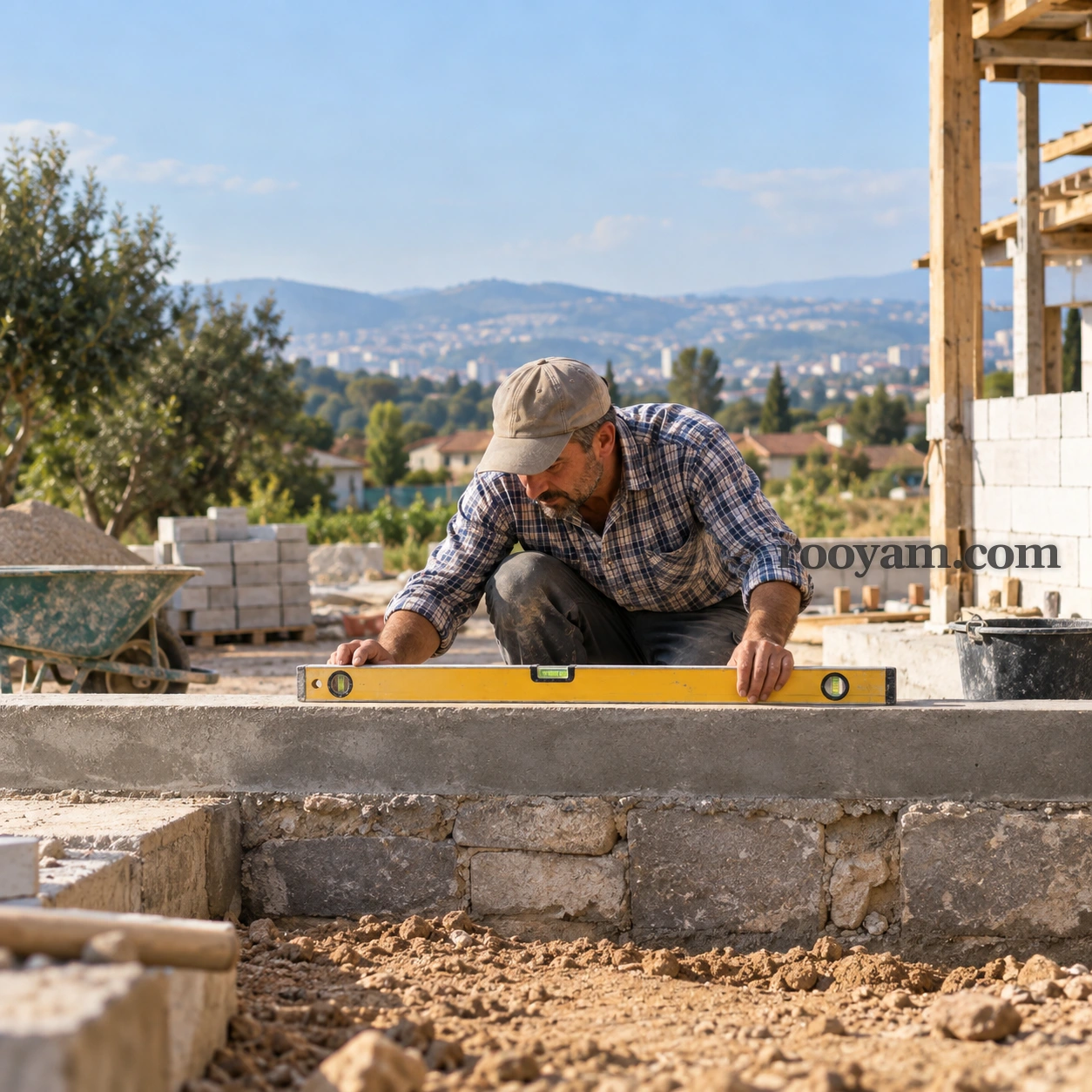 Rüyada Su terazisi: bir adam inşaat alanında sarı su terazisiyle beton bir yüzeyin düzlüğünü kontrol ediyor.