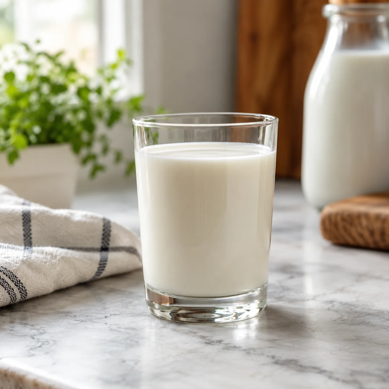 A clear glass of milk on a quiet kitchen surface