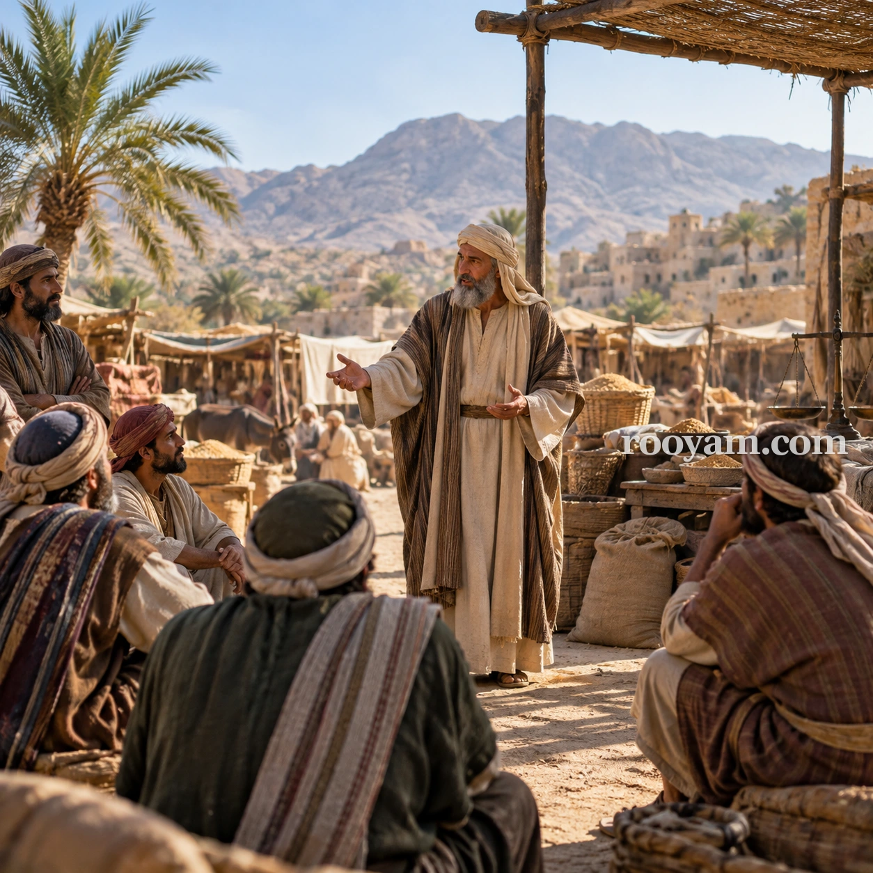 شعيب عليه السلام في المنام: رجل مسن يرتدي رداءً يتحدث إلى رجال جالسين في سوق تحيط به الجبال.