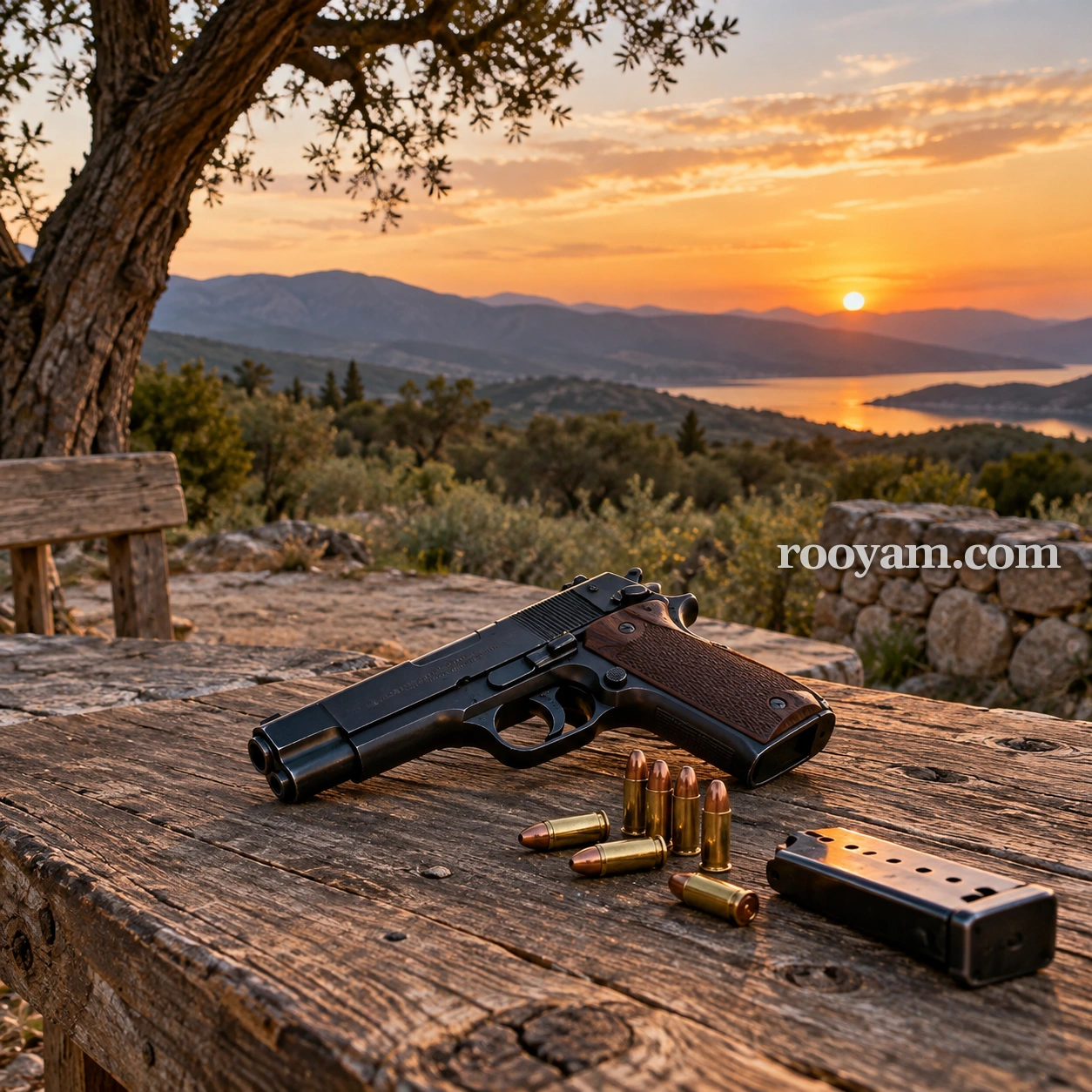 Rüyada Tabanca: siyah bir tabanca, mermiler ve bir şarjör, dağlara ve göle bakan ahşap bir masanın üzerinde duruyor.