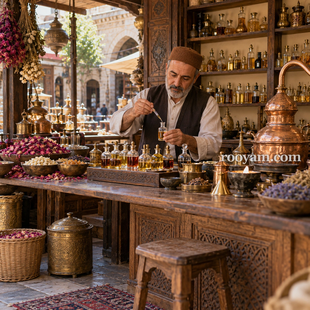 Rüyada Attar: sakallı bir attar, parfüm yağları, çiçekler ve bakır kaplar arasında küçük bir cam şişeyi dolduruyor.