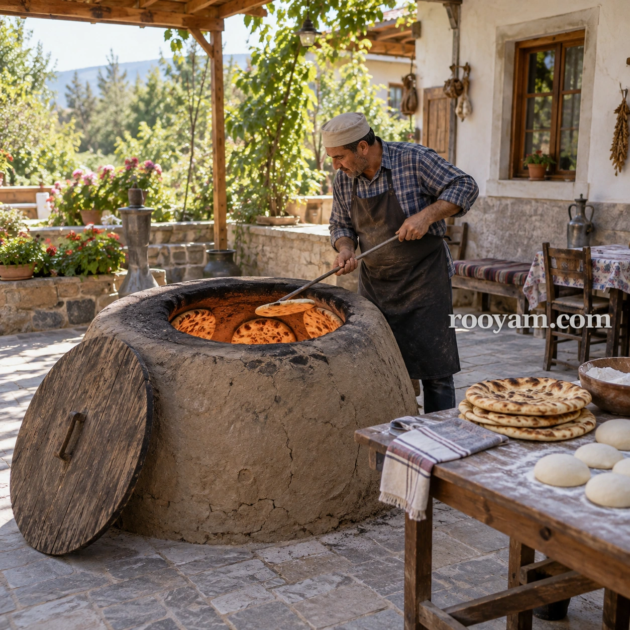 Rüyada Tandır: bir adam, ekmek ve hamur bulunan ahşap masanın yanında tandırda ekmek pişiriyor.